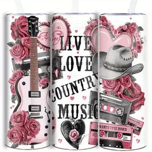 [Country Music Tumbler] Stainless Steel 20oz Skinny Tumbler with Lid & Straw | 3D Country Music Design, Perfect for Christmas, New Year, Thanksgiving Gifts for Music Lovers