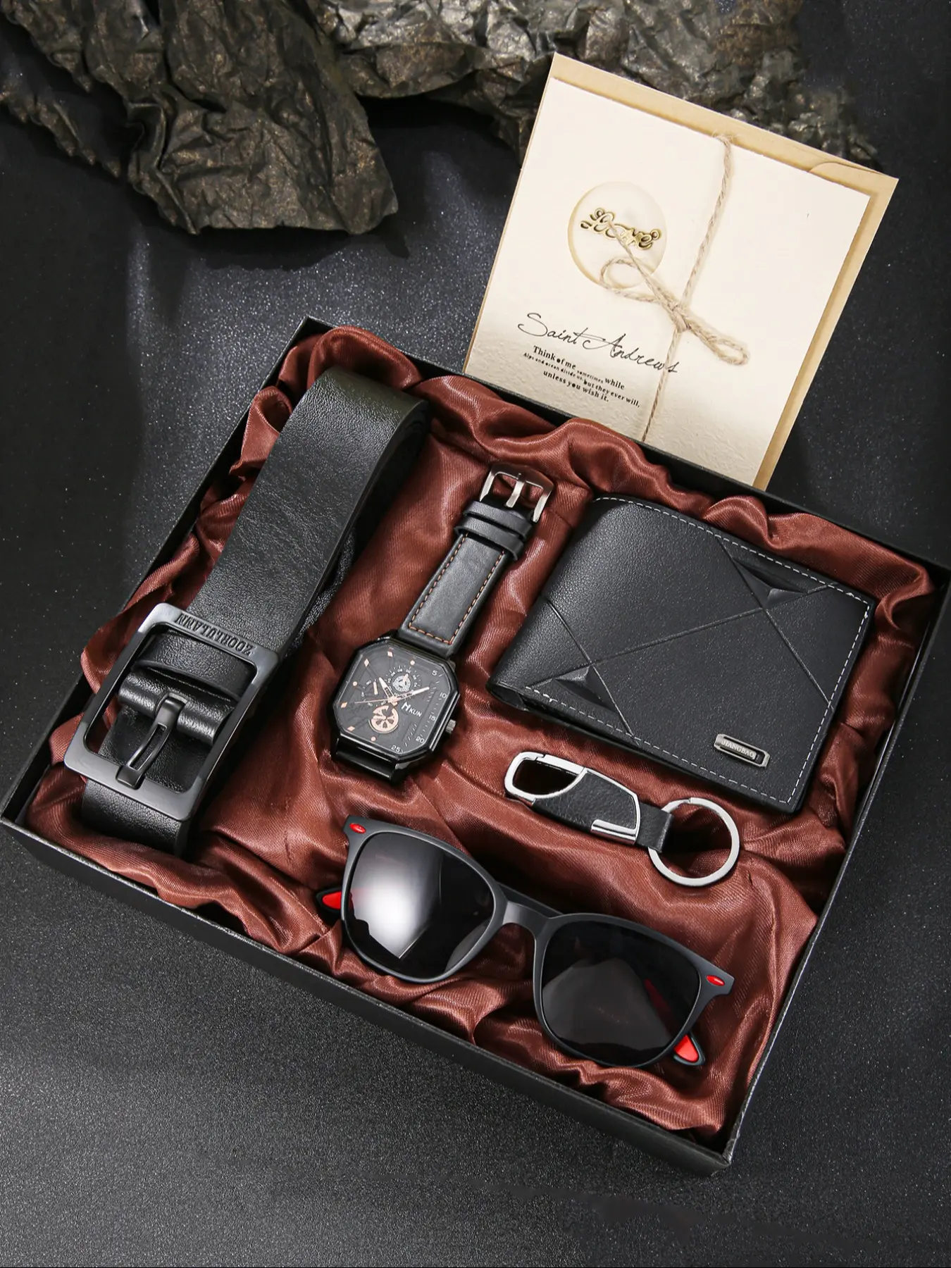 Men's Watch Gift Box Set, Fashion Business Style, Multifunctional Dial, Geometric Embossed Accessories, Keychain, Glasses, Belt, Handmade Card, Accessory Set