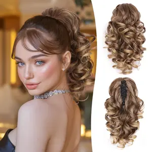 MOCA 9 inch Short Ponytail Extension for women everyday, Curly Wavy Claw Clip Ponytails Hair Extensions Hairpiece for Girls Daily, Chestnut Brown with Golden Highlights Synthetic Classic Loose Curly PonyTails