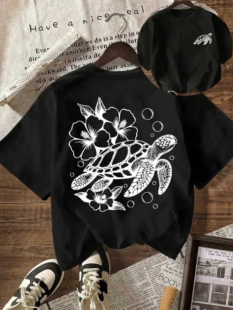 Hibiscus Sea Turtle Shirt in navy, Summer Beach T-Shirt, Oan Lover Graphic Top Hawaiian Vacation Outfit summer clothes for women funny meme