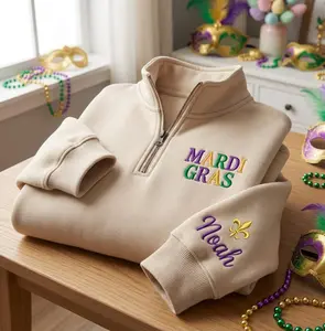 Mardi Gras Embroidered Quarter Zip Sweatshirt, Personalized Carnival Crewneck, New Orleans Parade Shirt, Mardi Gras Crewneck, Fat Tuesday