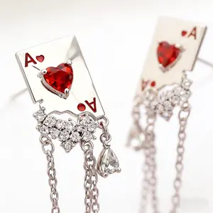 Women's poker-themed earrings with red heart and face card pendants - simple dangling jewelry with tassel embellishments, perfect for elegant everyday wear and parties, especially for Valentine's Day.