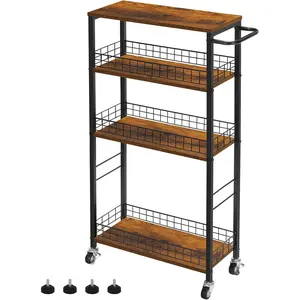 Slim Storage Cart 4 Tier Narrow Kitchen Rolling Cart with Wooden Tabletop Mobile Utility Stand  Wheels for Bathroom Laundry Narrow Places Rustic Brown 16.5''L X 7.3''W X 34.6''H