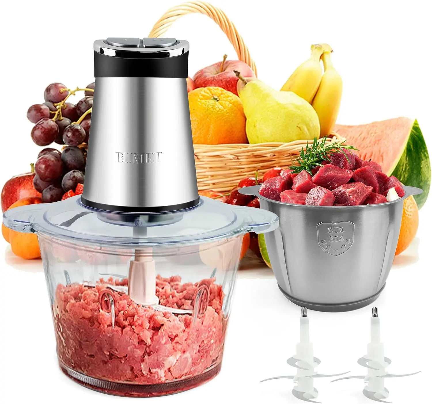BUMET 800W Full-Size Food Processor, 2-12 Cup Food Chopper with LED Timer, 3-Tier Stainless Steel 6-Edge Blades, Duo-Bowl for Family Bulk Prep (Roasts, Root Veg, Nuts)
