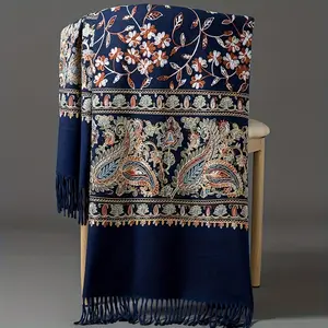 Bohemian Seasonal Floral Embroidered Outerwear, Vintage Cashmere Embroidered Scarf for Spring And Autumn, Versatile Shawl, Ethnic Scarf, Large Size Shawl for Warmth. Boho