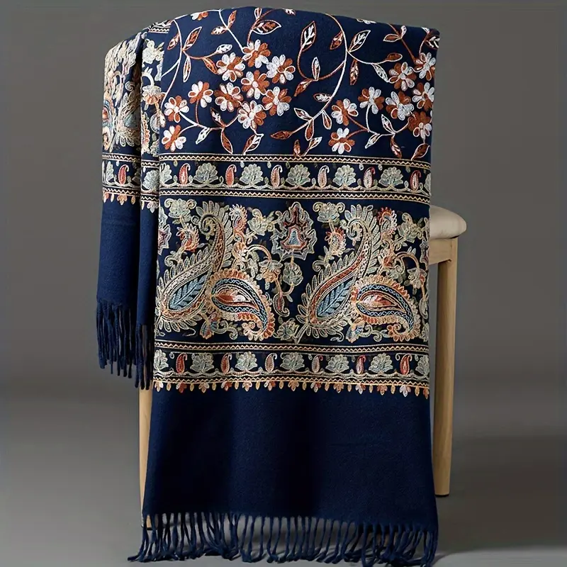 Vintage Floral Embroidered Cashmere Shawl - Boho Fashion Bohemian Floral Embroidery Shawls, Large Casual Windproof Scarf for Spring & Autumn Warmth, Hand Wash Only, Do Not Dry Clean, Hand Wash,Do Not Dry Clean