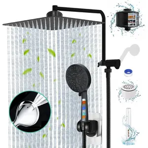 Matte Black Shower  with Filters 12" Rain Shower  with Handheld  Dual Shower Filter  for Hard Water, Showerhead Combo with 10 Setting Handheld Built-in 2 Power Wash, Extra Cartridges