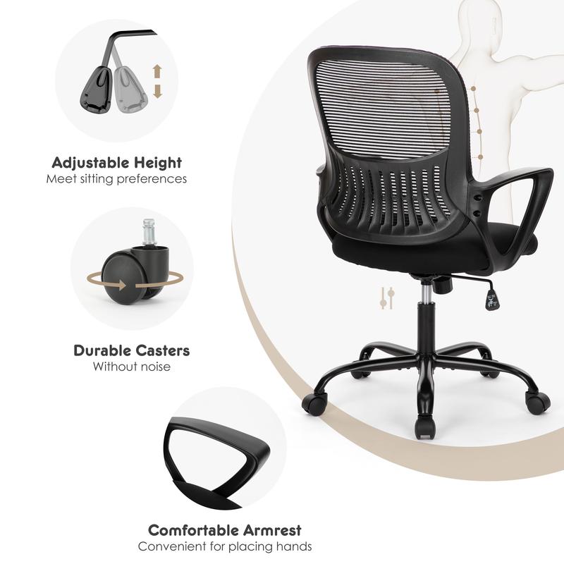 Home Office Chair, Mid Back Computer Ergonomic Mesh Desk with Larger Seat, Executive Height Adjustable Swivel Task with Lumbar Support and Armrests