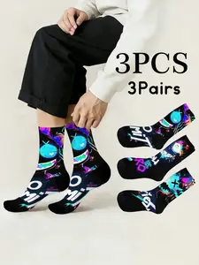 3 Pairs Cyberpunk Grimace Graffiti Letter Print Mid-Calf Socks Unisex Fashion Casual Streetwear Hip-Hop Socks Comfortable Breathable Non-Slip Home Sports Travel Holiday Party Crew Socks Gift