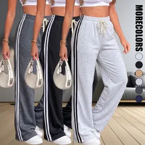 Women’s wide-leg sweatpants with side stripes, elastic waistband and drawstring, casual athletic straight-leg pants fathersdaygift