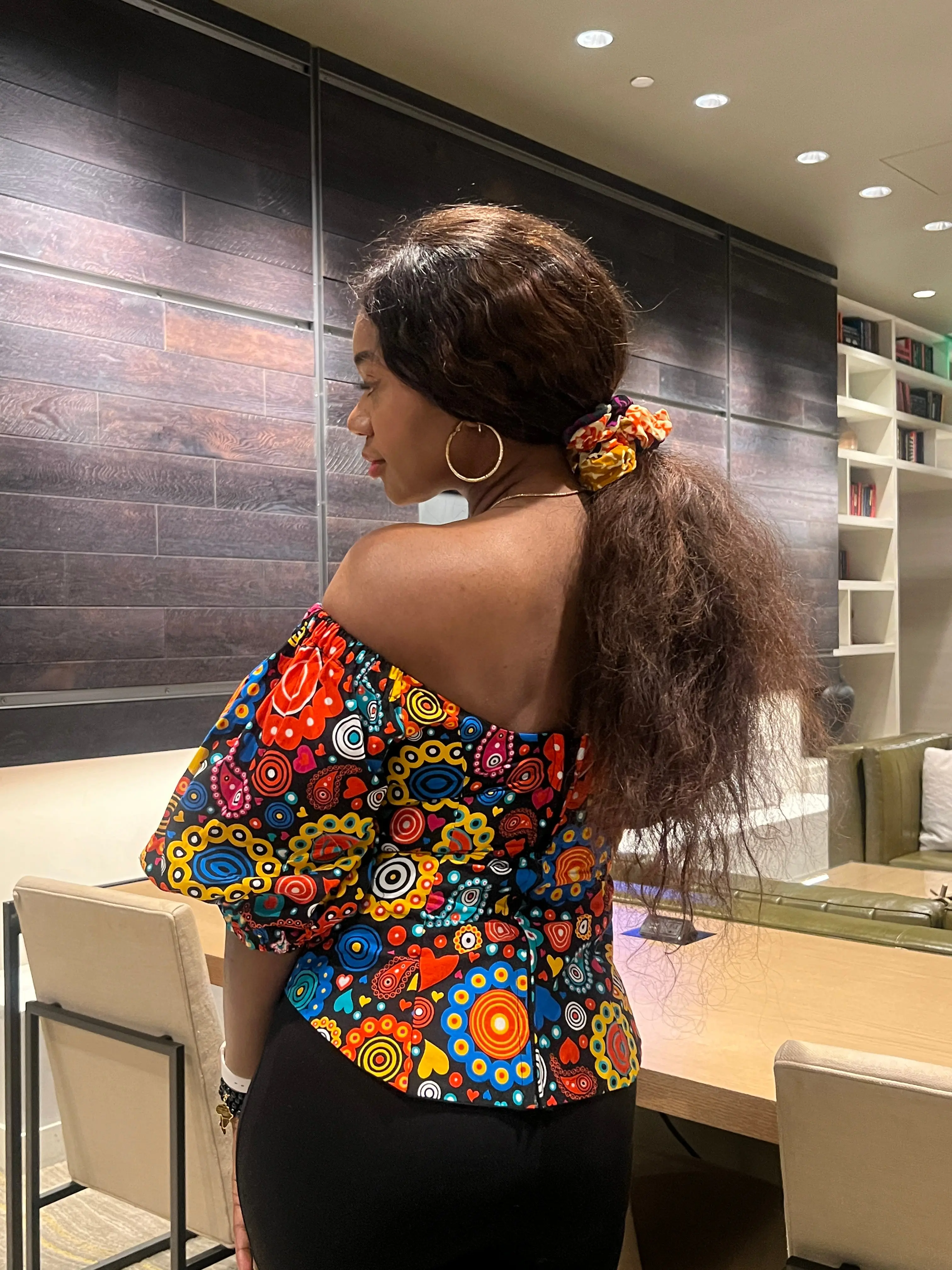 African print Off Shoulder Ruffle Elasticated Ankara top with
