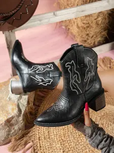 Women's Ankle Boots, Pointed Toe Embroidered Denim Boots, Thick Heel Faux Leather Retro Western Style, Casual Daily Wear, Country Concerts, Festive