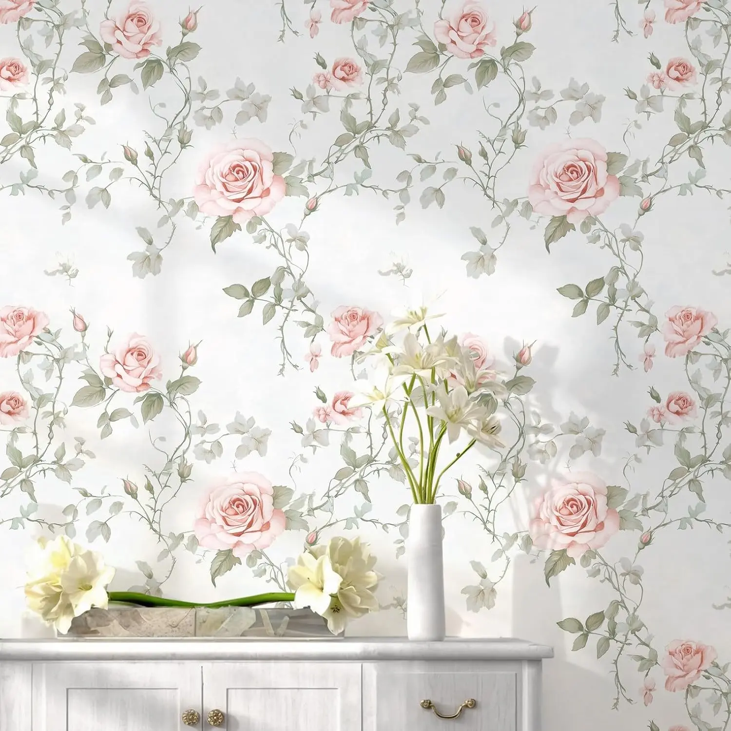 Vintage Floral Self-Adhesive Vinyl Wallpaper, 17.3x197in Blush Pink Flower Green Leaf Waterproof, Removable, DIY-Friendly Paper for Accent Walls, Living Room, Cabinet Refinishing with Vintage Elegance, Soft Focus