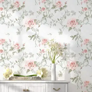 Floral Peel and Stick Wallpaper Pink Flower Wall Paper Vintage Botanical Green Leaf Contact Paper for Cabinet Bedroom Waterproof Self Adhesive Removable Vi