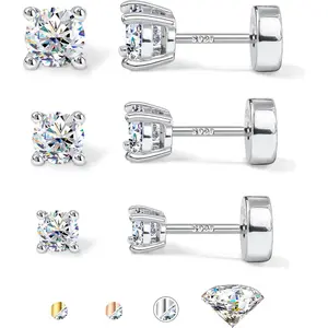 Moissanite Earrings Studs 14K Gold Plated S925 Sterling Silver Flat Back Earring for Women Men - 3 Pairs Hypoallergenic Set Cartilage Helix Piercing Jewelry D Color VVS1 1.8CT