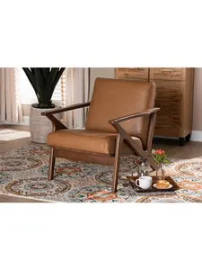 Baxton Studio Bianca-Tan-Walnut Brown-CC 29.53 in. Bianca Mid-Century Modern Walnut Brown Wood & Tan Faux Leather Effect Lounge Chair