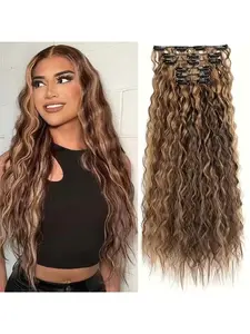 6pcs Synthetic Curly Hair Wave Curl Clip-In Hair Extensions 22 inch Long Curly Wavy Hair Clip Style Wig for Women, Perfect for Daily Wear