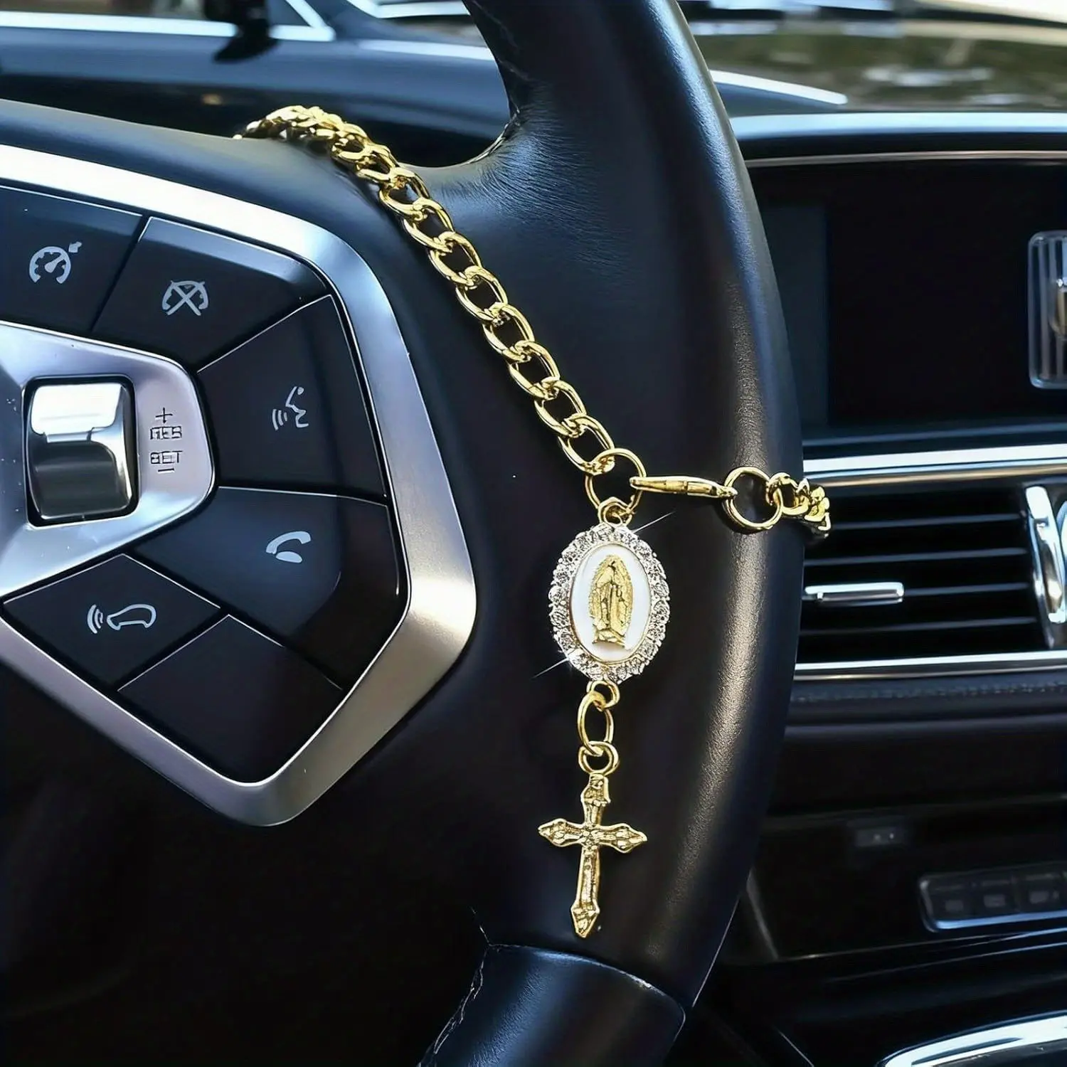 Catholic Religious Car Decoration, 1pc Cross Pendant Steering Wheel Rosary, Suitable for Rearview Mirror Adornment & Driving Amulet, Car Interior Decoration, Car Ornament