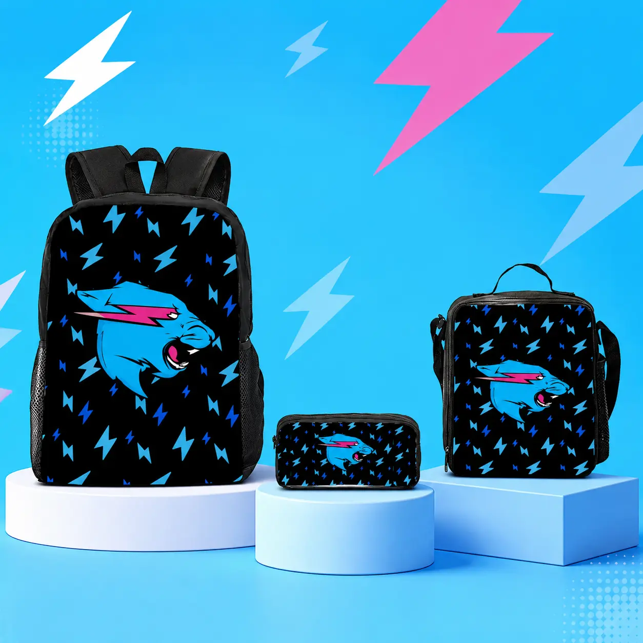 Mr Beast Lightning Cat 3PCS Backpack Set - School Backpack with Crossbody/Shoulder Bag & Pencil Case, Large-Capacity Student Bookbag, Lightweight Travel Daypack, Gift for Teens for Christmas, Holiday, Birthdays