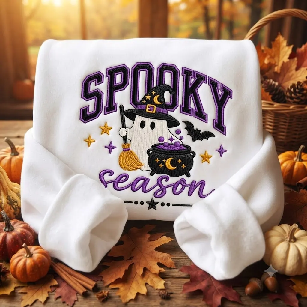 Spooky Season Embroidered Sweatshirt Ghost Witch Sweater Halloween Crewneck