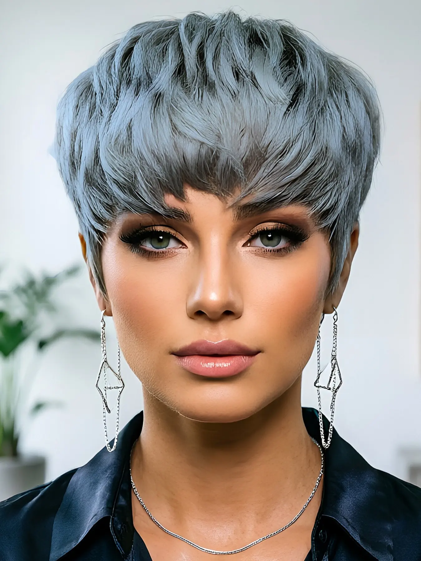 Grey Human Hair Glueless Wigs, Short Pixie Cut Machine Made Wig with Bangs, Natural Looking Colored Wig, Trendy Daily Wigs