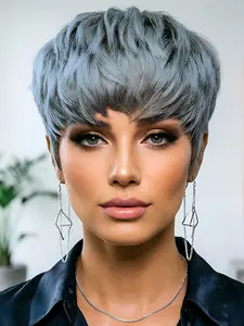 Grey Human Hair Wigs, Short Pixie Cut Machine Made Wig with Bangs, Natural Looking Colored Wig, Trendy Daily Wigs