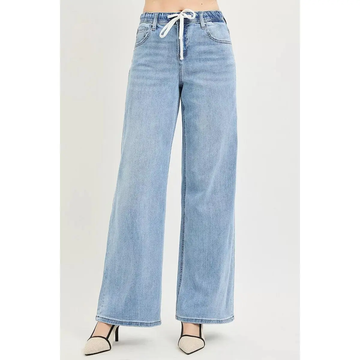 RISEN Elastic Band Slouchy Wide Jeans with Drawstring