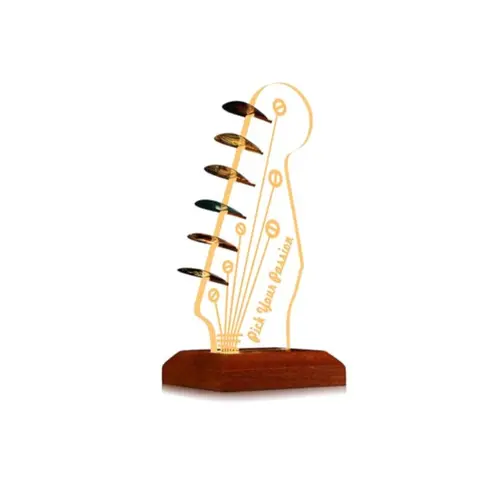 OKIYID Luminous Light-Up Guitar Pick Holder - Crack-Resistant Scratch-Resistant Acrylic Electric Headstock-Shaped Plate, Wooden USB Display Case, Easy-Setup Perfect Gift for Guitarists, Novelty Room Decor Light