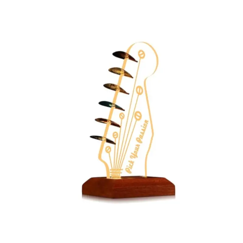 OKIYID Luminous Light-Up Guitar Pick Holder - Crack-Resistant Scratch-Resistant Acrylic Electric Headstock-Shaped Plate, Wooden USB Display Case, Easy-Setup Perfect Gift for Guitarists, Novelty Room Decor Light