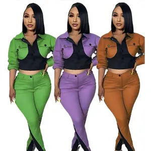 Women’s Fashionable Purple Two-Piece Suit | Trendy Colorblock Commuter Suit | Long-Sleeved Top and Pants Casual Wear