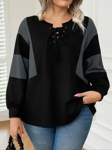 Women's Plus Size Waffle Knit Sweater, American Casual Vintage Style, Lantern Long Sleeve, Tie Front Drawstring V Neck, Patchwork Design
