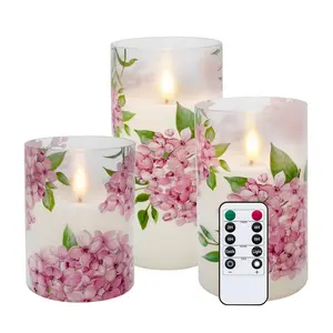 3PCS Purple Floral Flameless LED Candles with Remote Control, Flickering Pillar Candles for Wedding, Bedroom, Dining Table & Home Decor