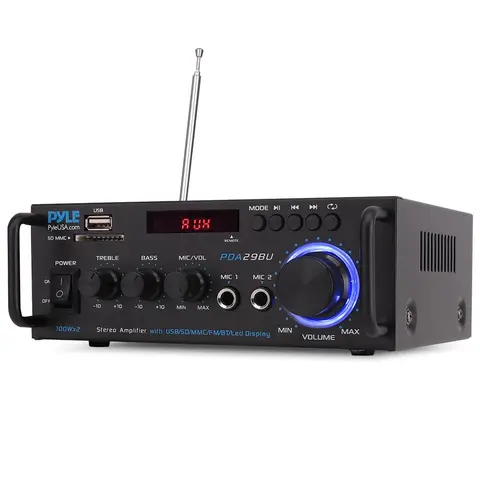 Pyle Bluetooth 4.2 Mini HiFi Stereo Power Amplifier (100W x 2) - Audio Receiver with USB/SD/FM, RCA Input, MIC Input, Bass & Treble Control, Remote Control, LED Display, Smartphone Compatibility, FM Antenna, Easy Pairing