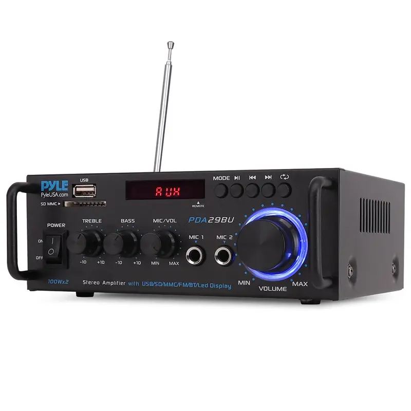 Pyle Bluetooth 4.2 Mini HiFi Stereo Power Amplifier (100W x 2) - Audio Receiver with USB/SD/FM, RCA Input, MIC Input, Bass & Treble Control, Remote Control, LED Display, Smartphone Compatibility, FM Antenna, Easy Pairing