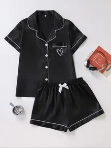 Women's Satin Sleepwear Set, Heart Decoration Silk Fabric, Comfortable Loose Fit Short Sleeve Top & Shorts, Elegant Ladies' Nightwear