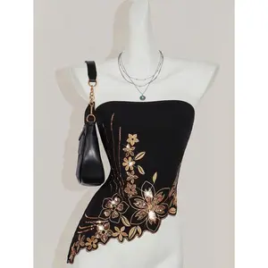 ICON Y2k Summer Women Going Out Vintage Boho Fashion Vacation Glitter Embroidered Sparkly Sequin Black Asymmetric Hem Embroidered Bandeau Top, Fashion