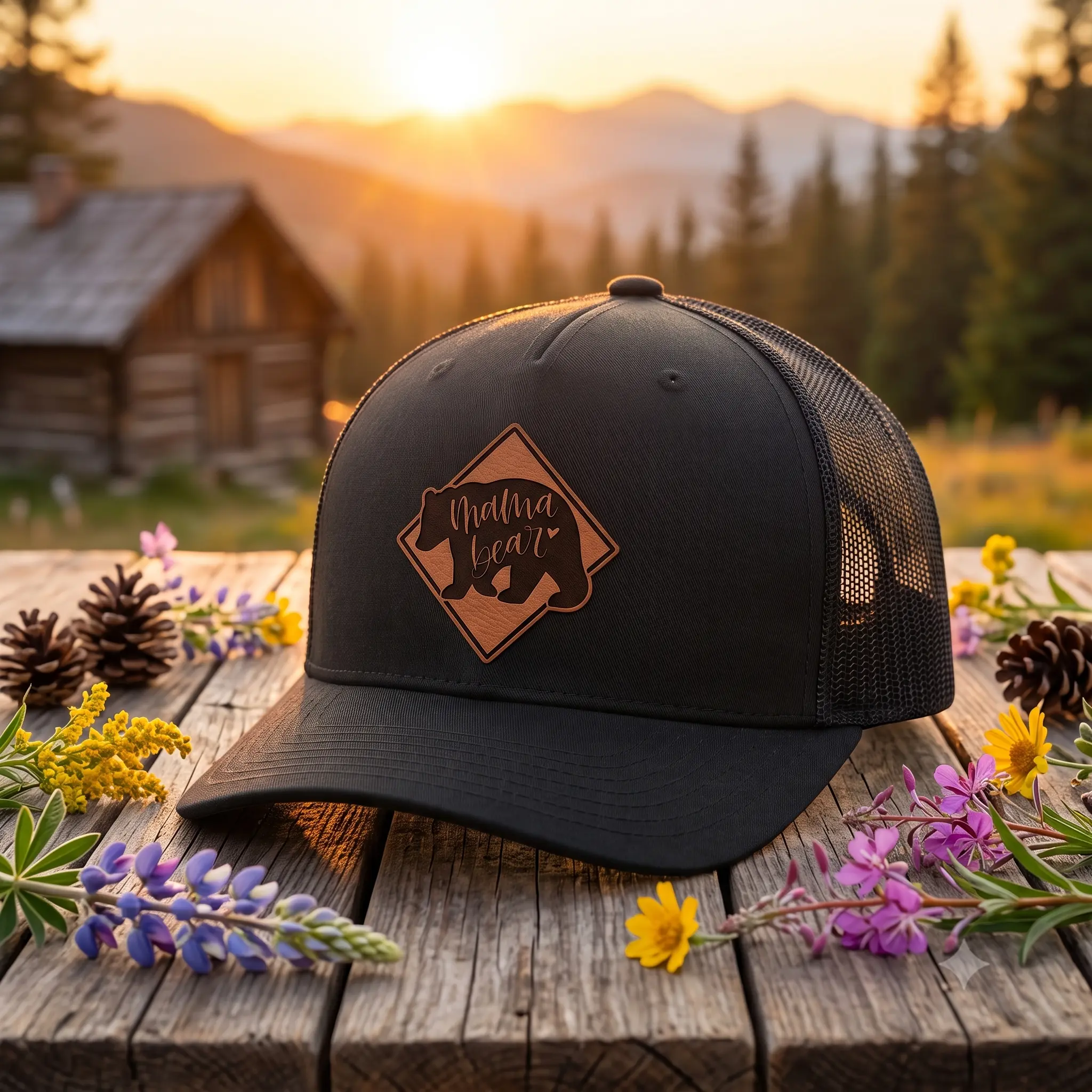 Mama Bear Leather Patch Trucker Hat – 5-Panel Snapback Cap – Gift for Mom, Grandma & Mother's Day