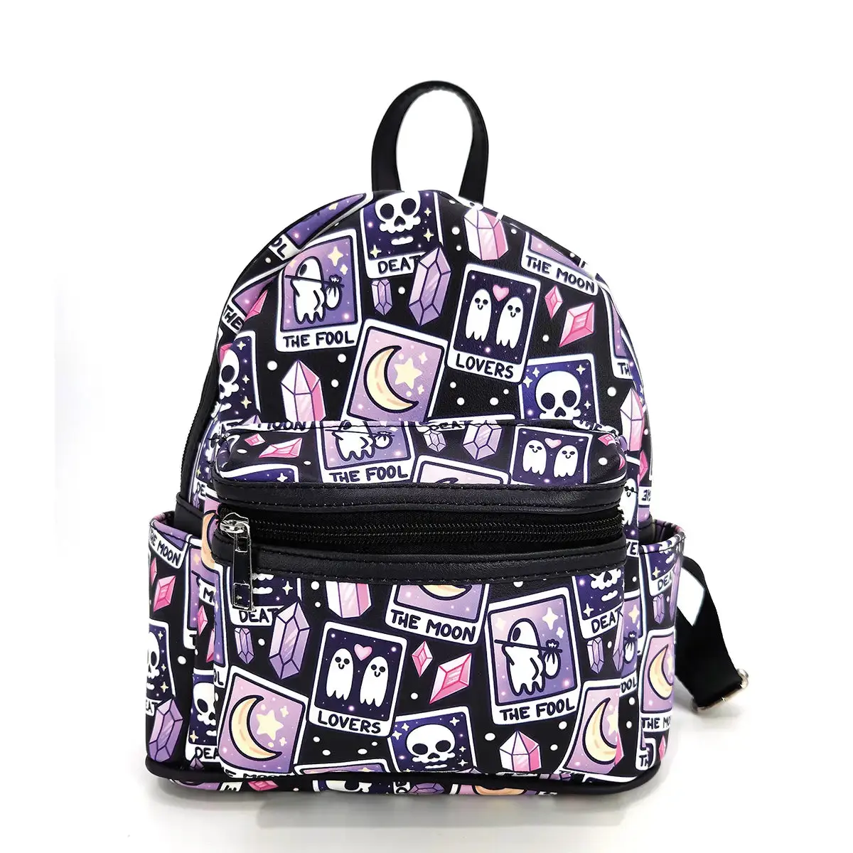 Unisex Mysticism & Practice Tarot Card Prints Faux Leather Vinyl Mini Backpack - Adjustable Padded Shoulder Straps, Multi-Pocket, Small Front Zippered, Exterior Side Slip, 5in W x 9.5in H x 9in L Casual Daily Use Bags, 5In Width, 9.5In Height, 9In Length