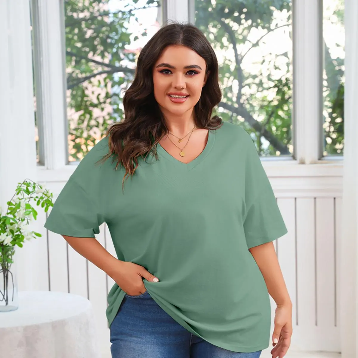 Tankaneo Women's Plus Size V Neck T Shirts Summer Half Sleeve Tees Casual Loose Fit Cotton Tunic Tops