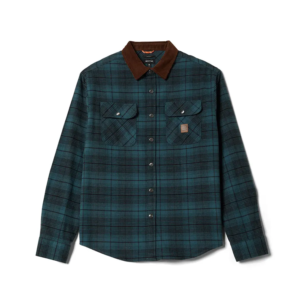 Brixton Men's Builders Bowery Performance Plaid Flannel Shirt, Relaxed Fit, Long Sleeve, Stretch Fabric with Pencil Holder, Long Sleeves, Reflective, Acrylic, Cotton Blend