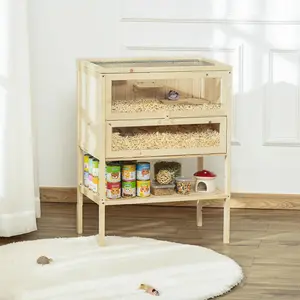 Three-tier natural wooden hamster cage with openable top front door and storage shelf suitable for mice hamsters and gerbils living indoors in the bedroom