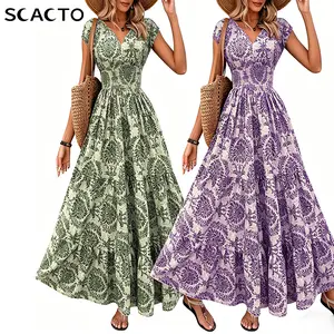 Scacto Women's Sexy V-Neck Short Sleeve Polyester Maxi Dress - Lightweight, Tropical Printed, Breathable, Flowy Big Hem Casual Dress for Beach, Garden Pentecostal Elegance