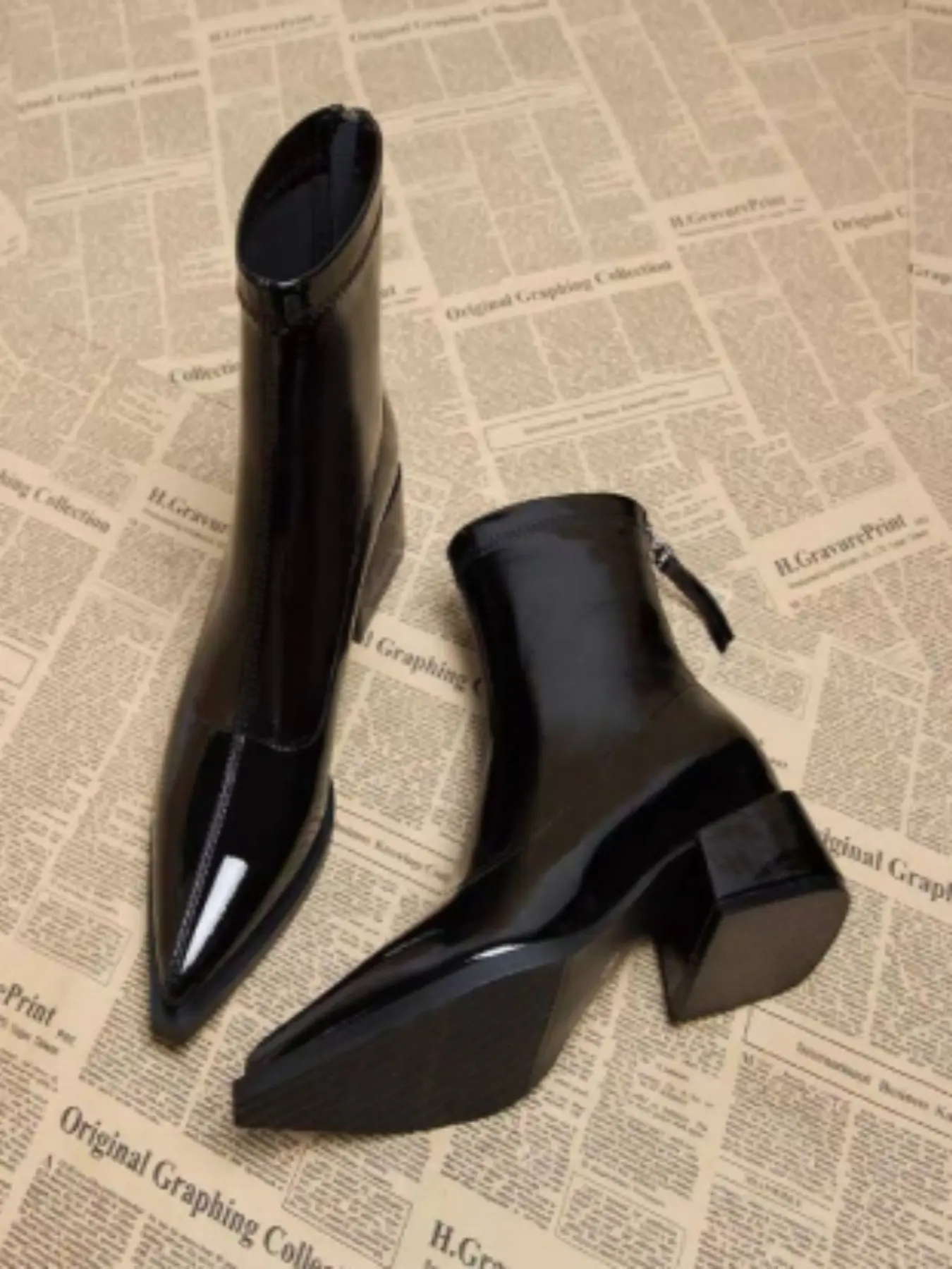 Vintage Burgundy Patent Leather Ankle Boots | Elegant Pointed Toe Block Heel Booties, Retro Chic for Office & Night Out, Footwear, Shoe