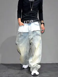 Men's Loose-Fit Medium Wash Denim Barrel Jeans Patches with Pocket, Trendy Streetwear Straight Leg Design, Casual Style for All Seasons, Comfortable & Stylish Fit, Pants