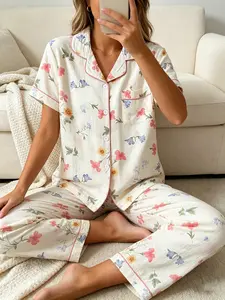 Women's Short Sleeve Button Down Top and Pants Pajama Set, Floral Sleepwear, All Season Wear, For Plant Lovers, Cream Base Botanical Floral Print, Classic Lapel Collar, Loose Fit, Comfortable For Home