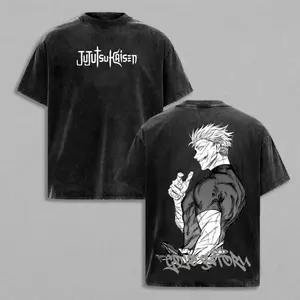 Gojo Satoru Jujutsu Kaisen Graphic Tee – "The Honored One" Double-Printed Vintage Washed Oversized Anime Shirt, Heavyweight Cotton Unisex Top, Trendy Streetwear Menswear for Casual, Party, Convention, and JJK Fans