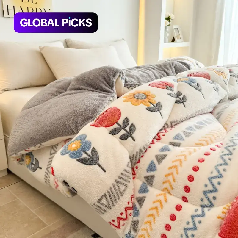 1 PC Thickened Warm Quilt for Home, Bedroom Quilt, Luxury Printed Lamb Fleece Autumn & Winter Blanket, Soft Quilted Polyester Double Bed Comforter, Floral Quilted Bedspread All-Season Coverlet Bedding #GLOBAL PICKS
