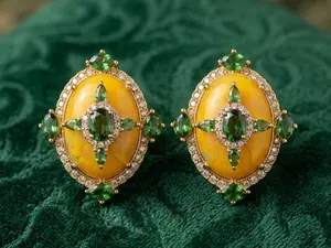 Artisan Natural Stone Earrings - Nomad Jewels Golden Turquoise Studs, Green Tsavorite Pairs, Bohemian Luxe Copper Alloy Antique Bronze Cross Settings, Retro Look Golden Hue Daily Wear Unique Gift