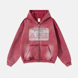 Inflation Unisex 400g Oversize Washed Hoodie with Distressed Design  Streetwear Zip-Up Hooded Jacket New Arrival SpringStatements Fit street wear fashion