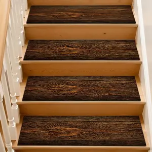 6/8/15 Piece Stair Mat Set, Dark Wood Grain Pattern, Indoor Outdoor Non-Slip Carpet, Rubber Bottom, Ideal for Kids, Elderly, Pets
